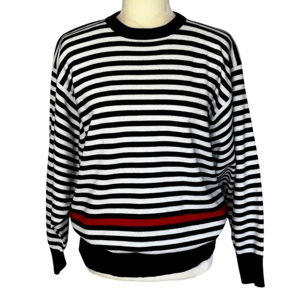 Vintage Stripe Sweater Large Dolman Sleeve Oversized Black White Red Crew 80s - Picture 1 of 9